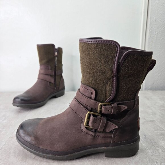 UGG Moto Ankle Boots 6 Dark Brown Leather Grunge Buckle Biker Shearling Booties - Picture 1 of 13